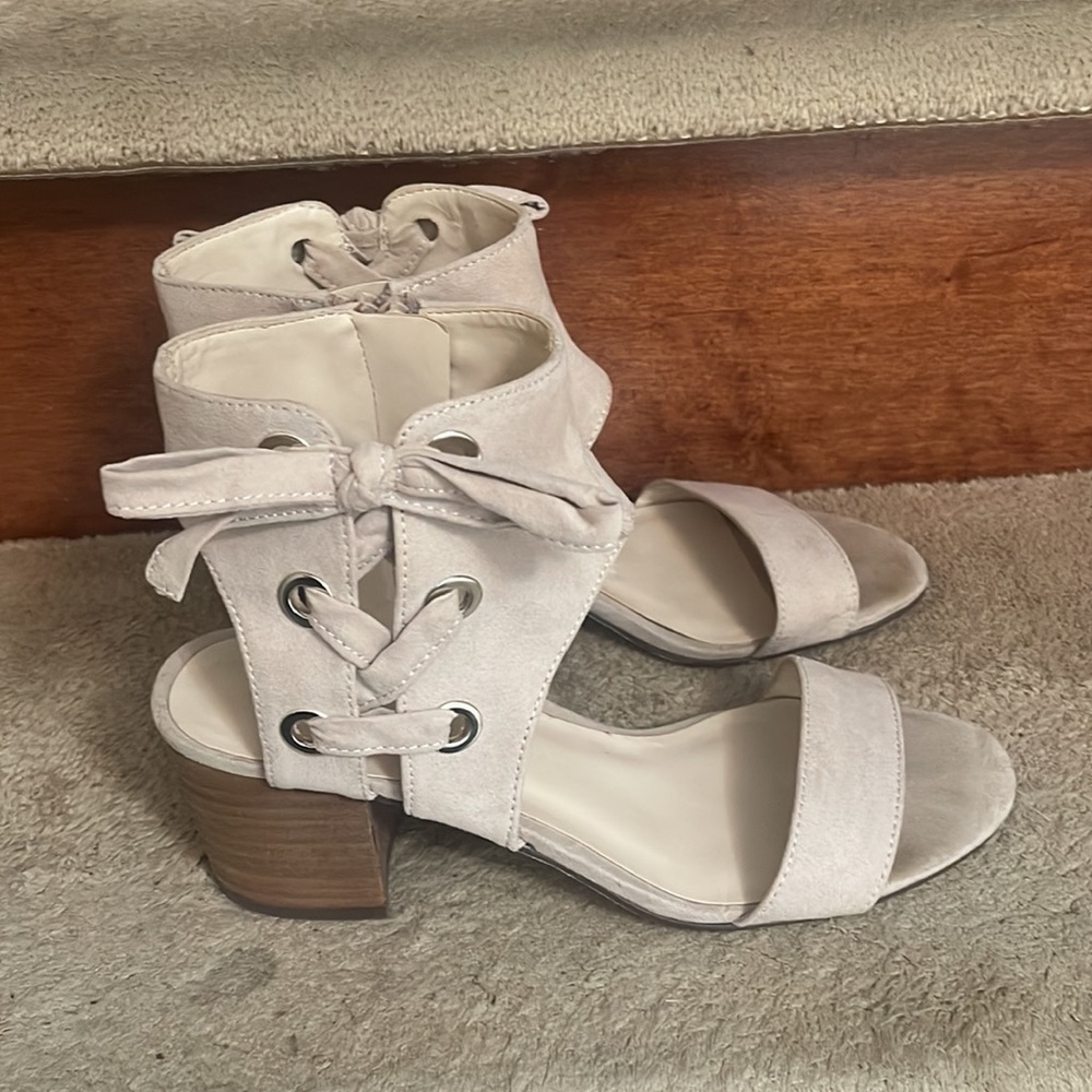 Women's Beige Suede Block Heel Sandals with Lace-Up Ankle